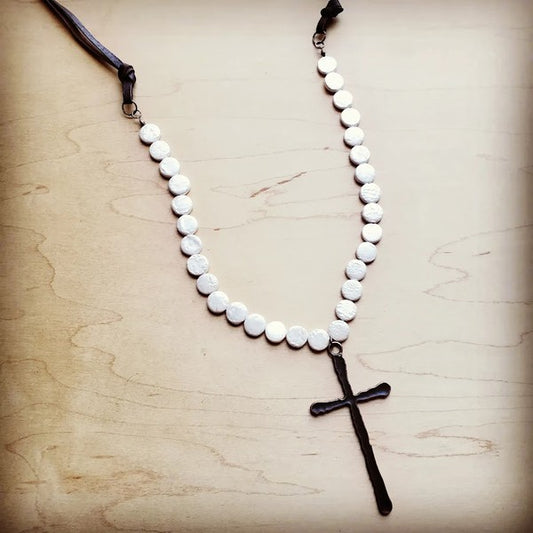 Genuine Shell Pearl Coin Necklace w/ Copper Cross