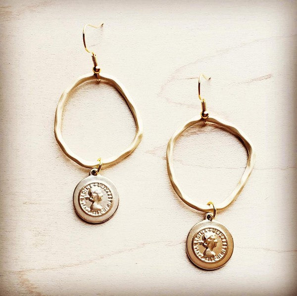 Matte Gold Hoop Earrings with Coin Dangle