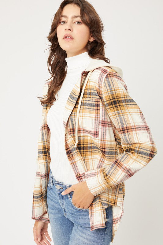 Plaid Flannel Button Up Shacket with Hood