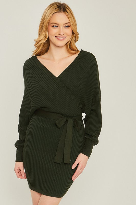 Off Shoulder Wrap Belted Ribbed Knit Dress