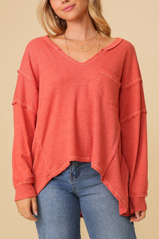 Thermal High Low V-Neck Oversized Top