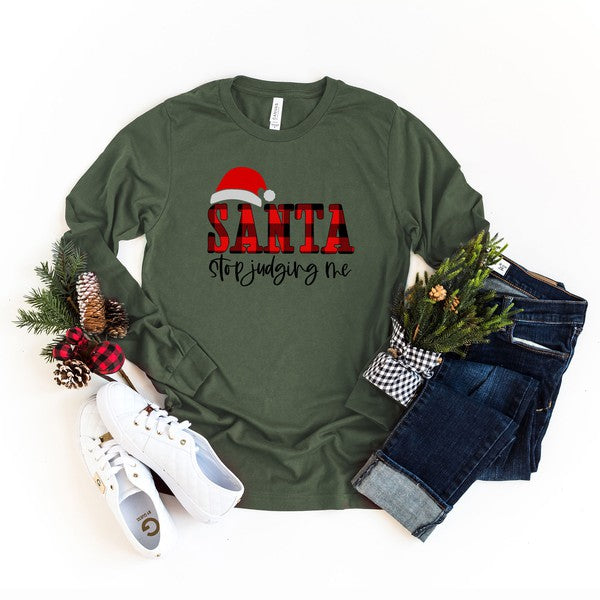 Santa Stop Judging Me Plaid Long Sleeve Tee