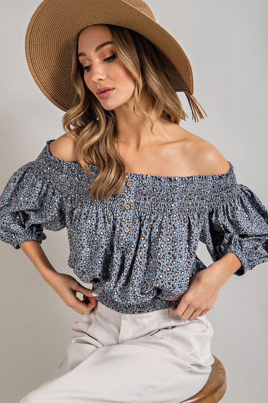 Animal Print Smocked Off the Shoulder Top