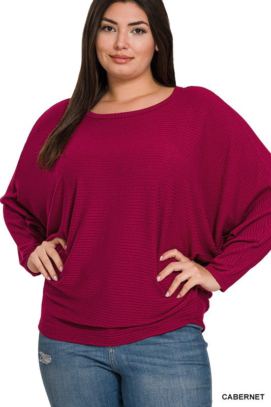 Plus Ribbed Batwing Long Sleeve Boat Neck Sweater