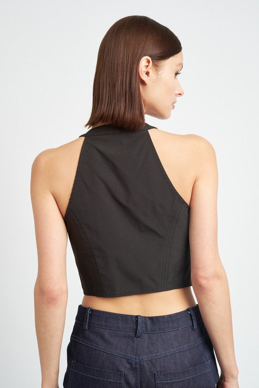 ZIP FRONT HALTER NECK CROPPED TOP