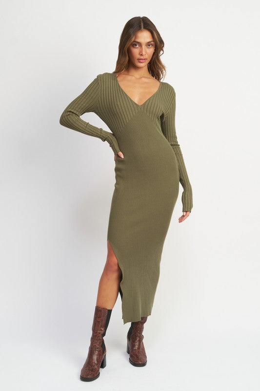 V NECK MULTI RIB DRESS WITH V NECK