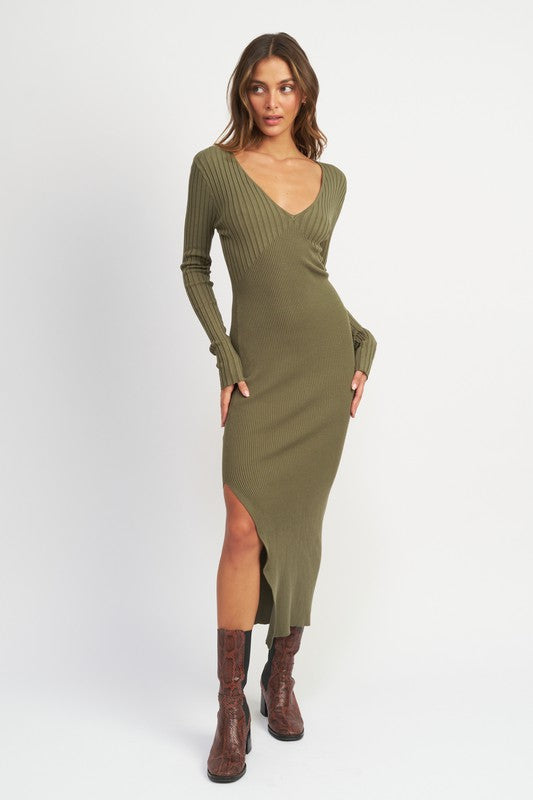 V NECK MULTI RIB DRESS WITH V NECK