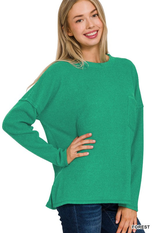 Ribbed Brushed Melange Hacci Sweater with a Pocket