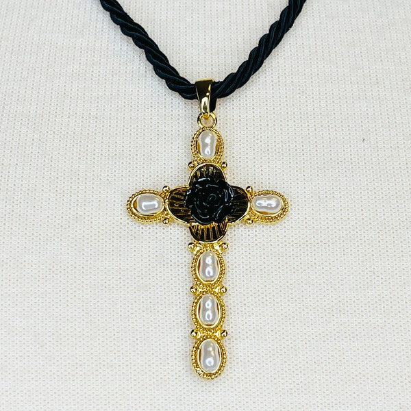 Layered Black Rose Cross Necklace